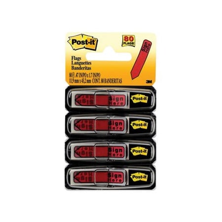 3M Post-it, Arrow Message 1/2in Page Flags In Dispenser, insign Herein, Red, 80PK 684RDSH